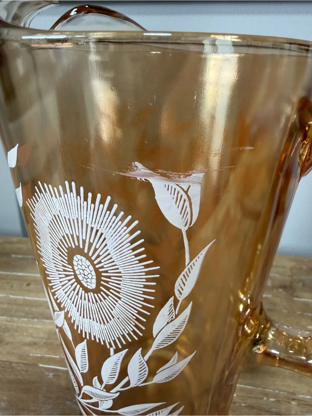 Vintage Jeannette Cosmos Marigold Carnival Glass Floral Pitcher 9 Inch